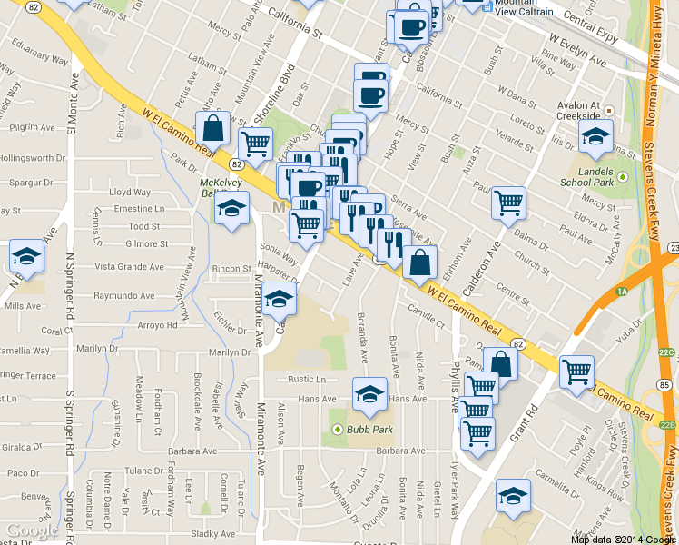 map of restaurants, bars, coffee shops, grocery stores, and more near 690 Victor Way in Mountain View