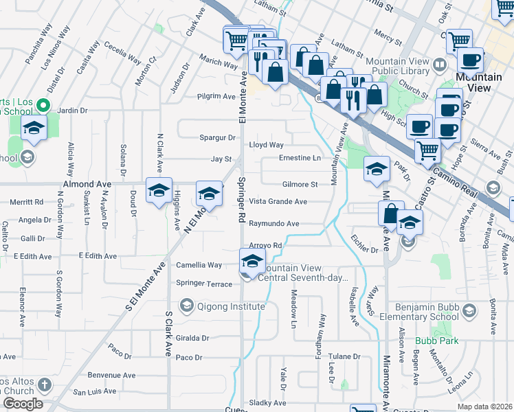 map of restaurants, bars, coffee shops, grocery stores, and more near 705 Vista Grande Avenue in Los Altos