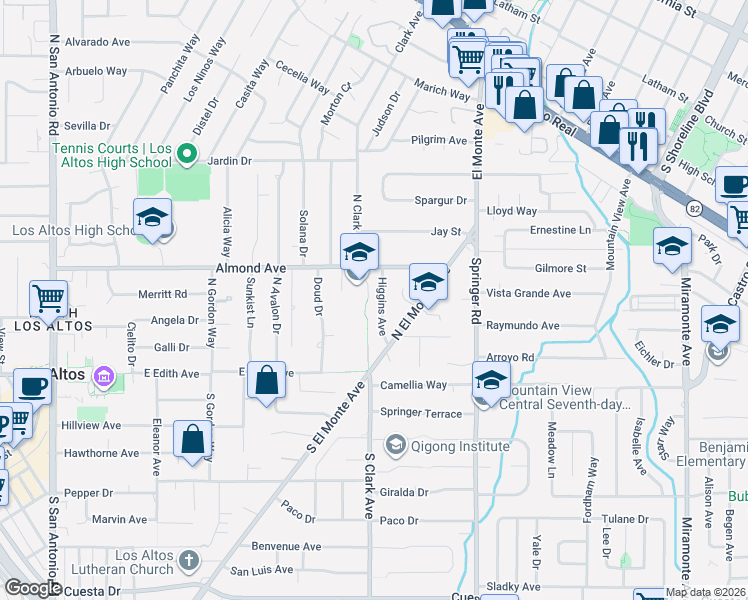 map of restaurants, bars, coffee shops, grocery stores, and more near 175 Higgins Avenue in Los Altos
