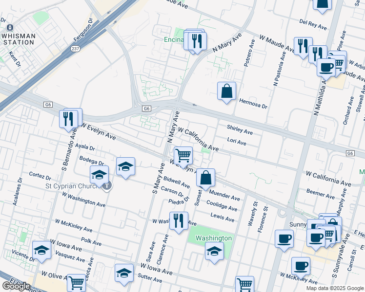 map of restaurants, bars, coffee shops, grocery stores, and more near 984 Belmont Terrace in Sunnyvale