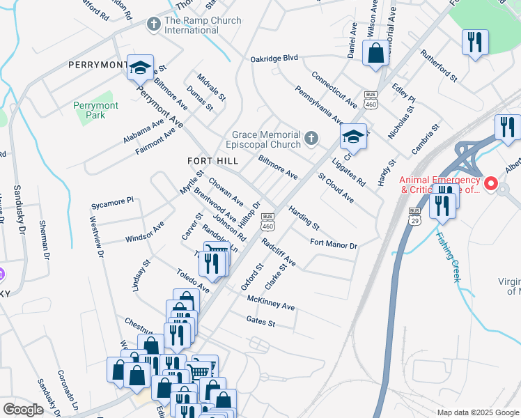 map of restaurants, bars, coffee shops, grocery stores, and more near 4504 Hilltop Drive in Lynchburg