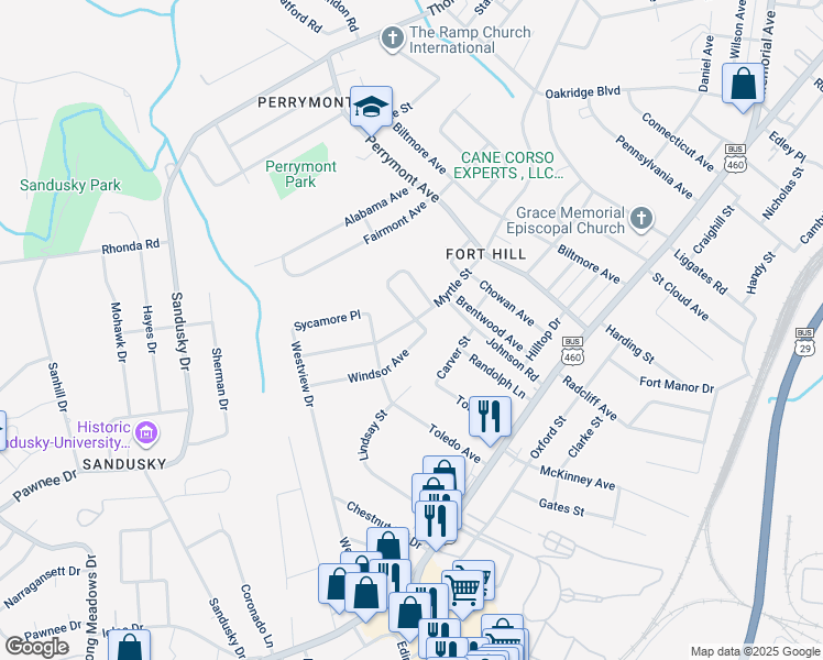 map of restaurants, bars, coffee shops, grocery stores, and more near 4802 Myrtle Street in Lynchburg