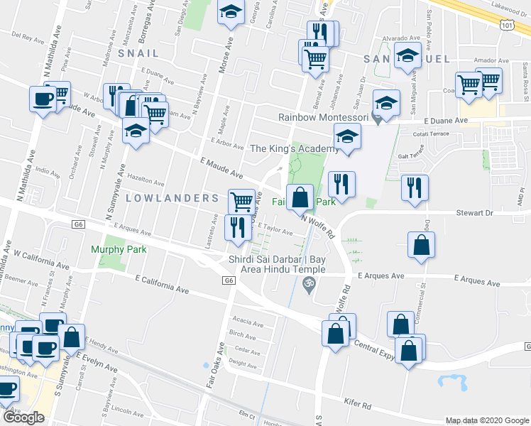 map of restaurants, bars, coffee shops, grocery stores, and more near Santo Domingo Terrace in Sunnyvale