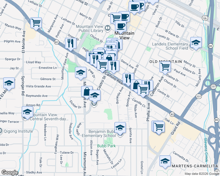 map of restaurants, bars, coffee shops, grocery stores, and more near 690 Victor Way in Mountain View