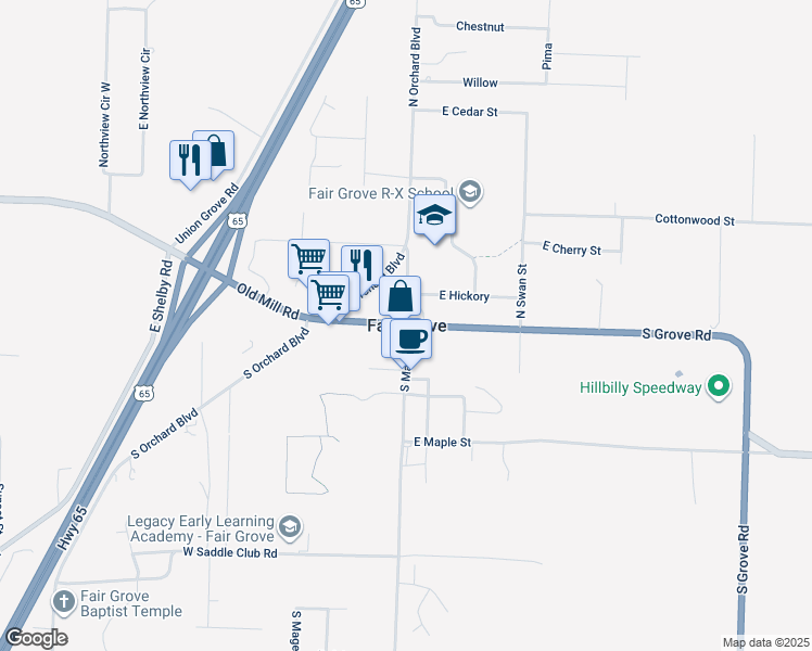 map of restaurants, bars, coffee shops, grocery stores, and more near in Fair Grove