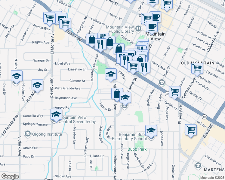 map of restaurants, bars, coffee shops, grocery stores, and more near 1136 Miramonte Avenue in Mountain View
