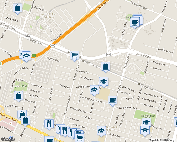 map of restaurants, bars, coffee shops, grocery stores, and more near 1140 West Evelyn Avenue in Sunnyvale