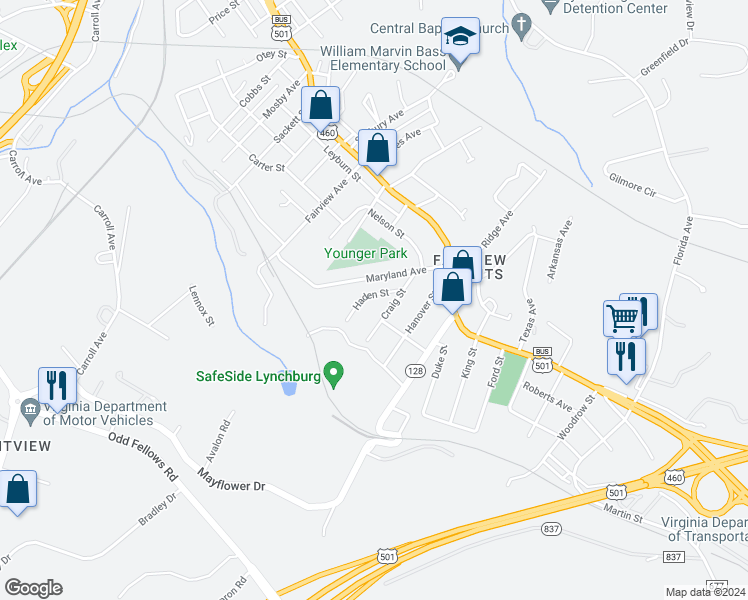 map of restaurants, bars, coffee shops, grocery stores, and more near 2200 Haden Street in Lynchburg
