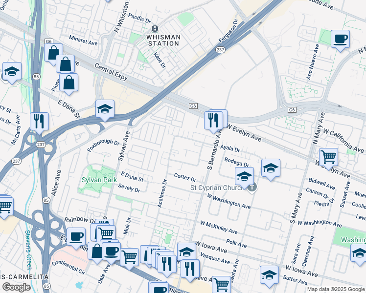 map of restaurants, bars, coffee shops, grocery stores, and more near 1269 Balboa Court in Sunnyvale
