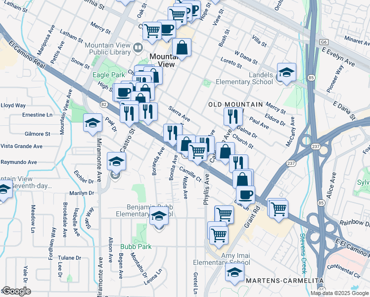 map of restaurants, bars, coffee shops, grocery stores, and more near 870 Shary Avenue in Mountain View