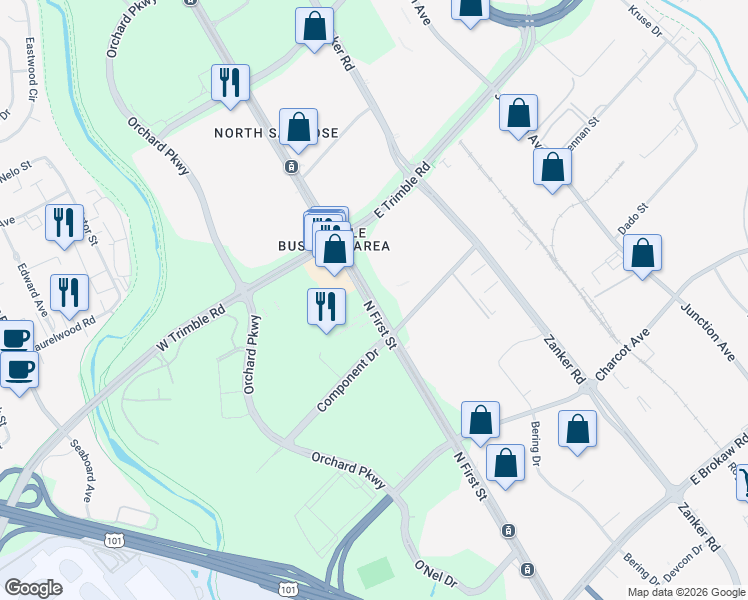 map of restaurants, bars, coffee shops, grocery stores, and more near 2560 North 1st Street in San Jose