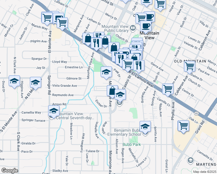 map of restaurants, bars, coffee shops, grocery stores, and more near 1136 Miramonte Avenue in Mountain View