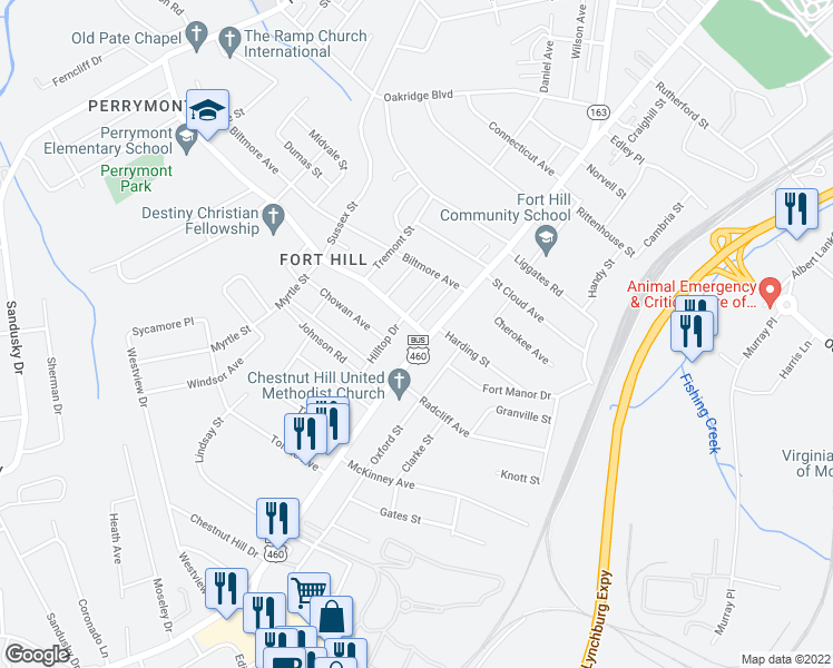 map of restaurants, bars, coffee shops, grocery stores, and more near 4507 Fort Avenue in Lynchburg