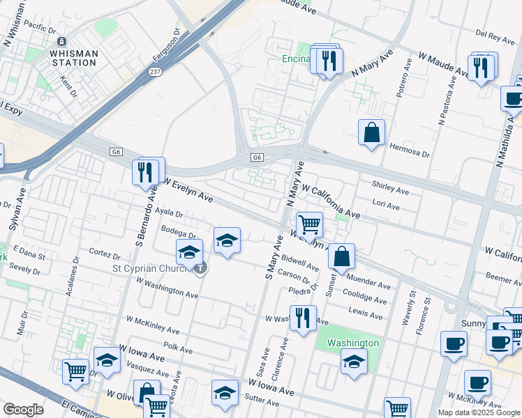 map of restaurants, bars, coffee shops, grocery stores, and more near 125 North Mary Avenue in Sunnyvale
