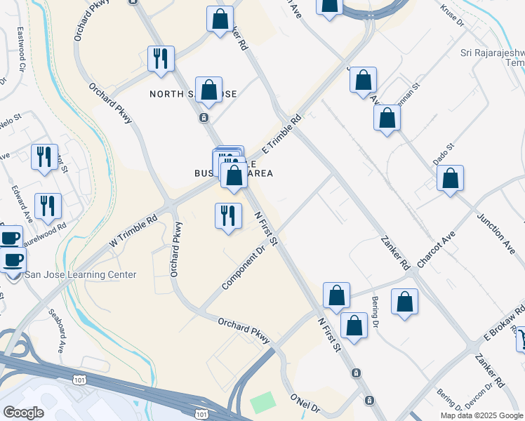 map of restaurants, bars, coffee shops, grocery stores, and more near 2566 North 1st Street in San Jose