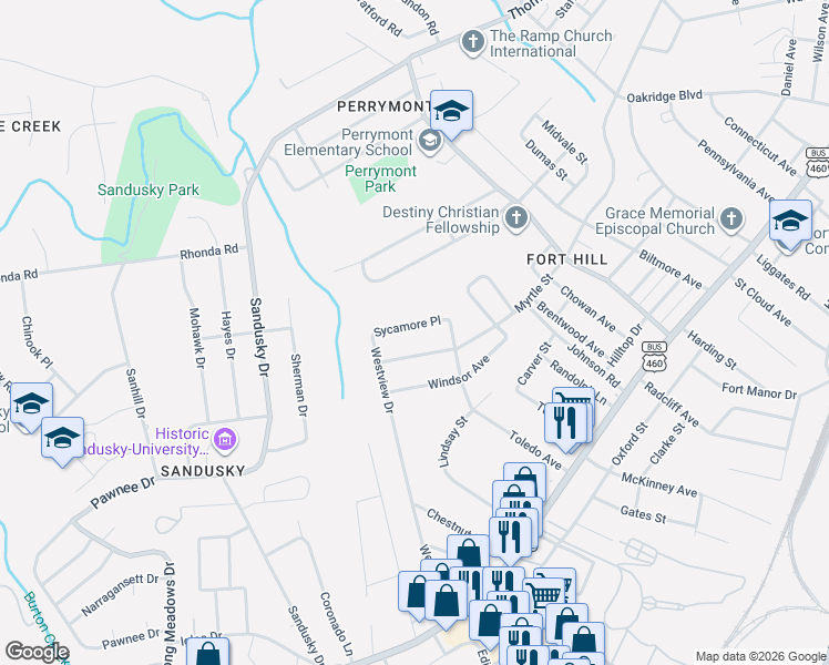 map of restaurants, bars, coffee shops, grocery stores, and more near 4917 Sycamore Place in Lynchburg