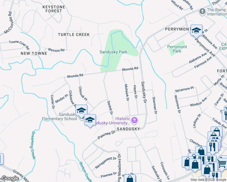 map of restaurants, bars, coffee shops, grocery stores, and more near 728 Sanhill Drive in Lynchburg