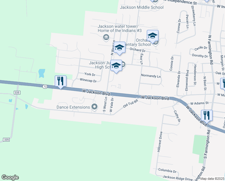 map of restaurants, bars, coffee shops, grocery stores, and more near 1716 Missouri 72 in Jackson