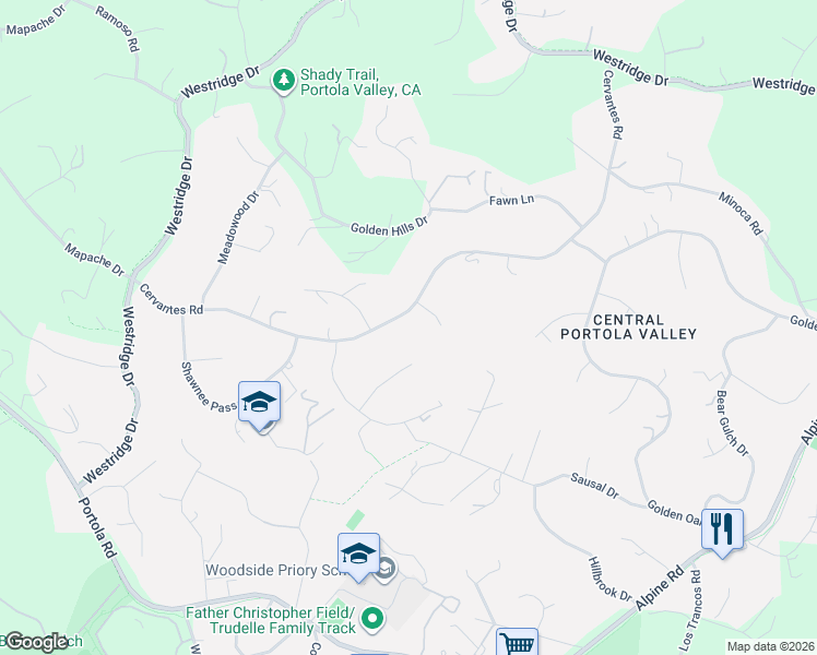 map of restaurants, bars, coffee shops, grocery stores, and more near 345 Cervantes Road in Portola Valley
