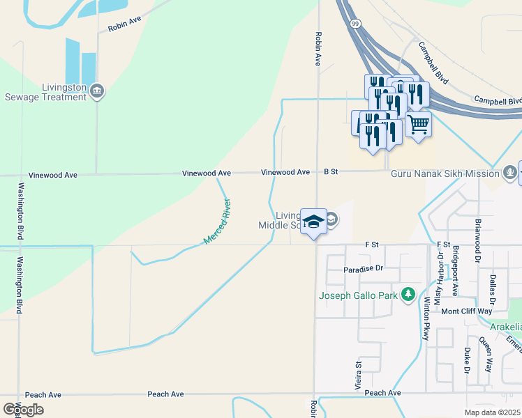 map of restaurants, bars, coffee shops, grocery stores, and more near 14127 Vinewood Avenue in Livingston