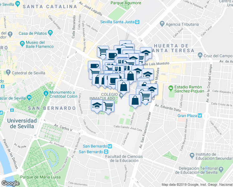 map of restaurants, bars, coffee shops, grocery stores, and more near 37 Avenida Eduardo Dato in Sevilla