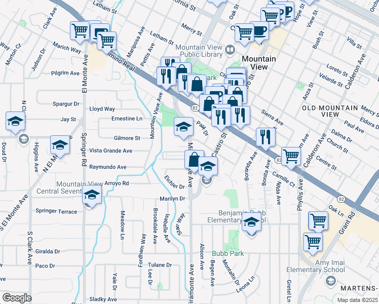map of restaurants, bars, coffee shops, grocery stores, and more near Miramonte Ave & Rincon St in Mountain View