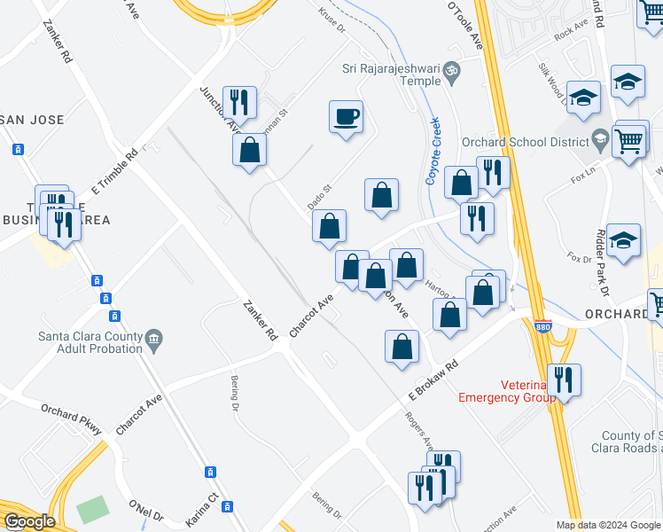 map of restaurants, bars, coffee shops, grocery stores, and more near 521 Charcot Avenue in San Jose