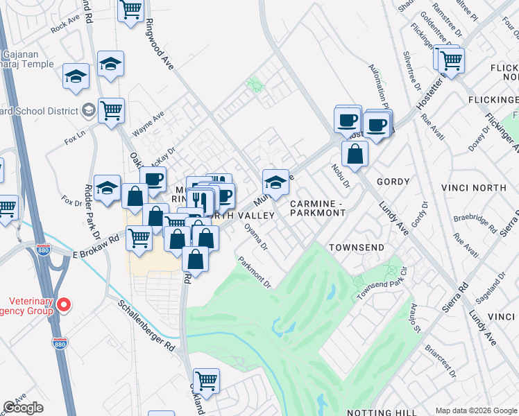 map of restaurants, bars, coffee shops, grocery stores, and more near 1578 Shanghai Circle in San Jose