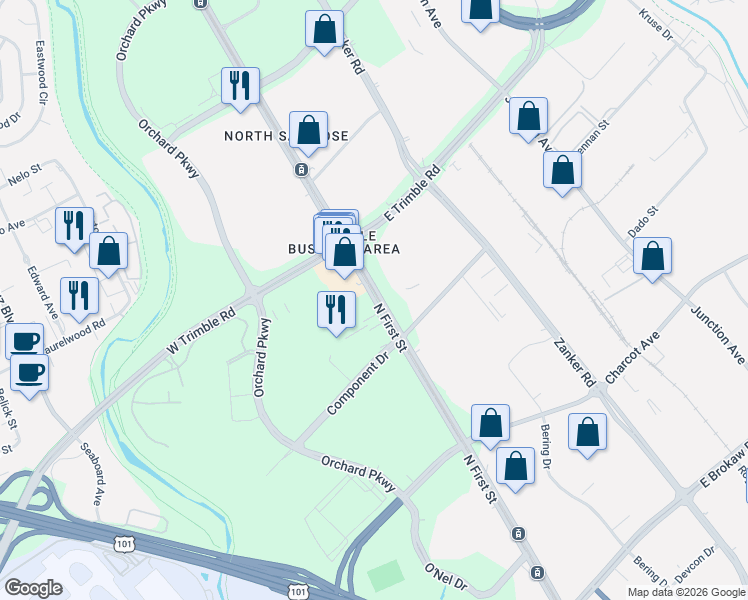 map of restaurants, bars, coffee shops, grocery stores, and more near North First Street in San Jose