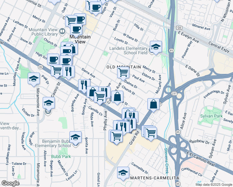 map of restaurants, bars, coffee shops, grocery stores, and more near 767 Calderon Avenue in Mountain View