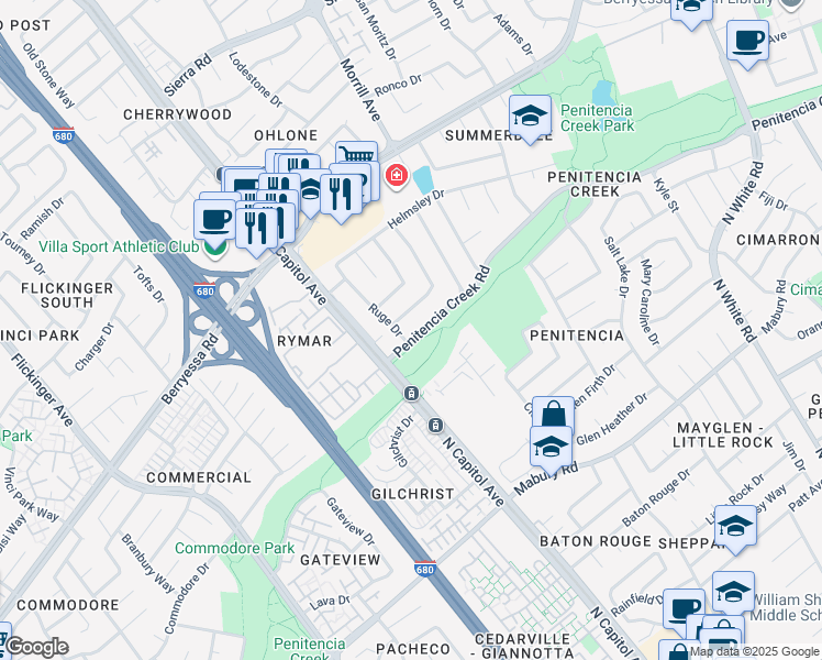 map of restaurants, bars, coffee shops, grocery stores, and more near 1024 Wilsham Drive in San Jose