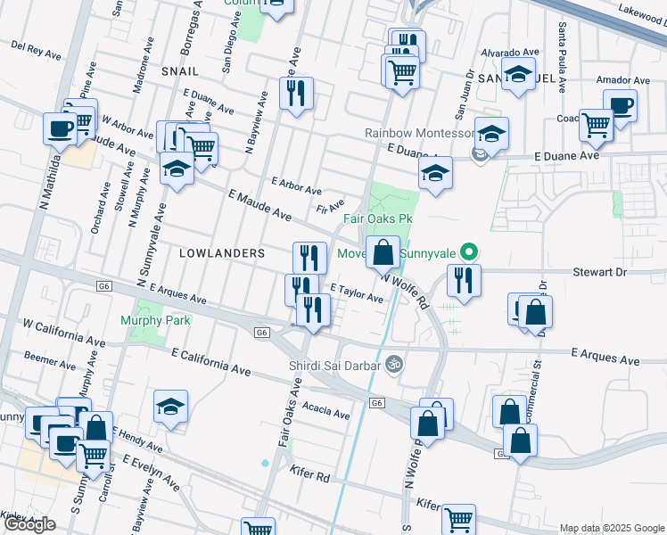 map of restaurants, bars, coffee shops, grocery stores, and more near 460 North Fair Oaks Avenue in Sunnyvale