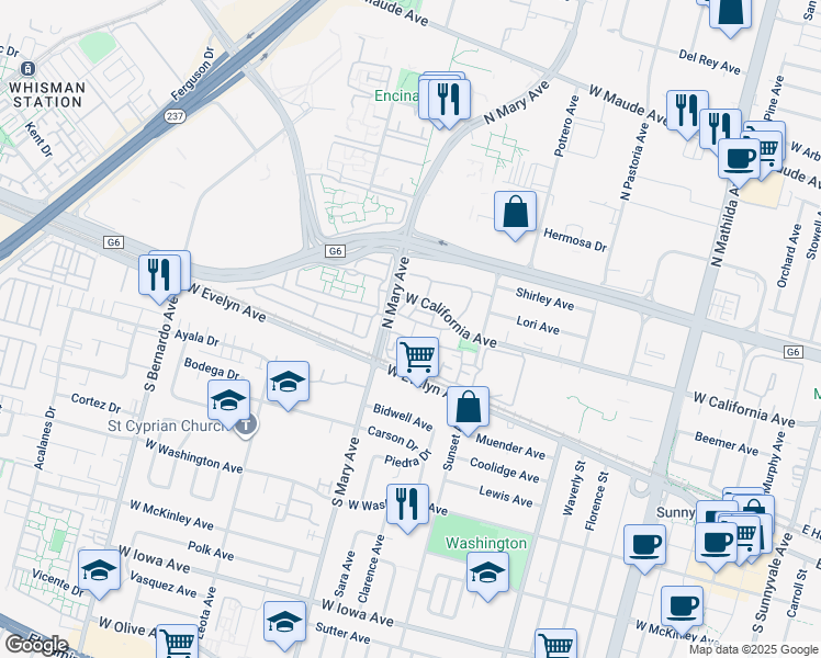 map of restaurants, bars, coffee shops, grocery stores, and more near 995 Belmont Terrace in Sunnyvale