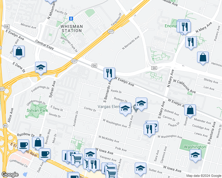 map of restaurants, bars, coffee shops, grocery stores, and more near 1191 Ayala Drive in Sunnyvale