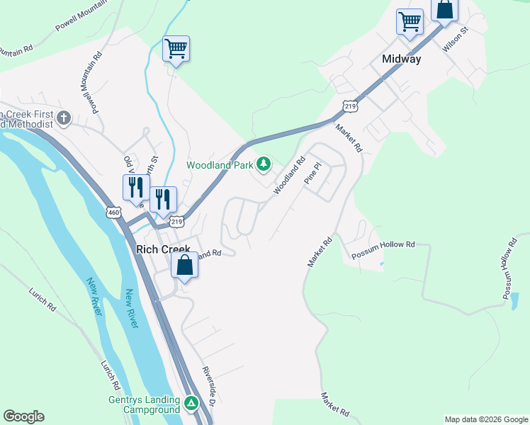 map of restaurants, bars, coffee shops, grocery stores, and more near Woodland Road in Rich Creek