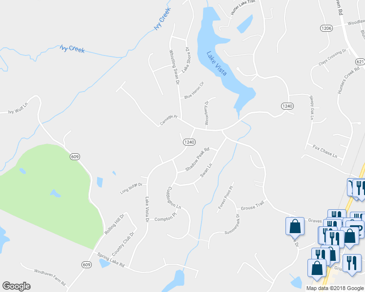 map of restaurants, bars, coffee shops, grocery stores, and more near 1016 Running Cedar Circle in Forest