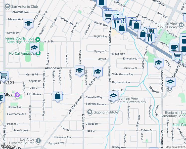 map of restaurants, bars, coffee shops, grocery stores, and more near 145 El Monte Court in Los Altos