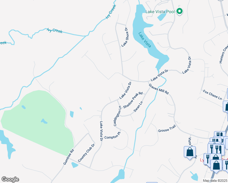 map of restaurants, bars, coffee shops, grocery stores, and more near 1031 Little Pine Circle in Forest
