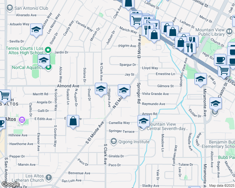 map of restaurants, bars, coffee shops, grocery stores, and more near 145 El Monte Court in Los Altos
