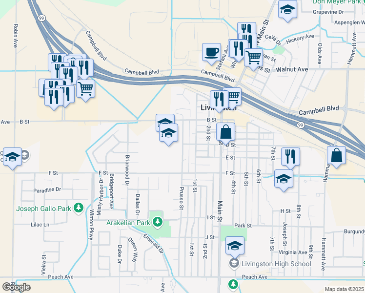 map of restaurants, bars, coffee shops, grocery stores, and more near 714 Prusso Street in Livingston