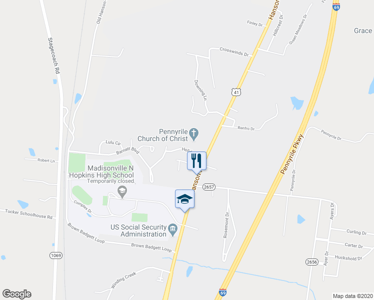 map of restaurants, bars, coffee shops, grocery stores, and more near 136 Holiday Place in Madisonville