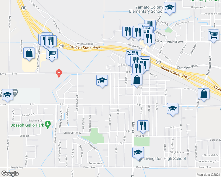 map of restaurants, bars, coffee shops, grocery stores, and more near 714 Prusso Street in Livingston