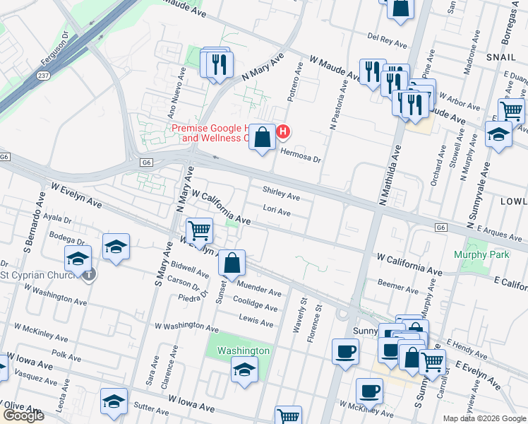 map of restaurants, bars, coffee shops, grocery stores, and more near 855 Lori Avenue in Sunnyvale