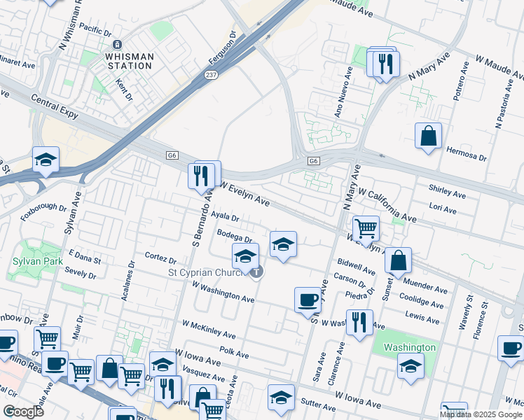 map of restaurants, bars, coffee shops, grocery stores, and more near 1108 West Evelyn Avenue in Sunnyvale