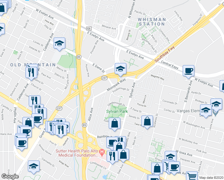 map of restaurants, bars, coffee shops, grocery stores, and more near 414 Foxborough Drive in Mountain View