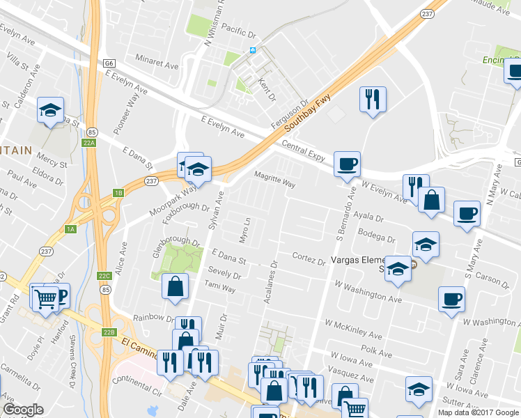 map of restaurants, bars, coffee shops, grocery stores, and more near Serena Drive in Mountain View