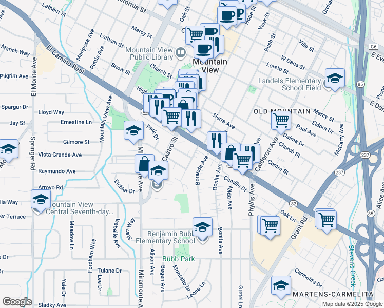map of restaurants, bars, coffee shops, grocery stores, and more near 602 Victor Way in Mountain View