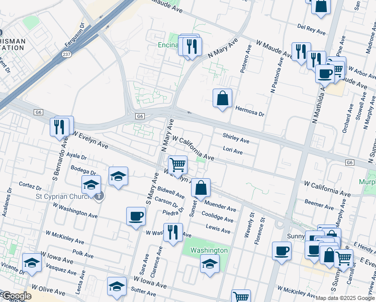 map of restaurants, bars, coffee shops, grocery stores, and more near 971 Belmont Terrace in Sunnyvale