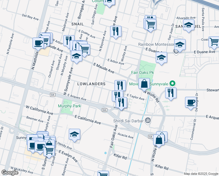 map of restaurants, bars, coffee shops, grocery stores, and more near 418 Roosevelt Avenue in Sunnyvale