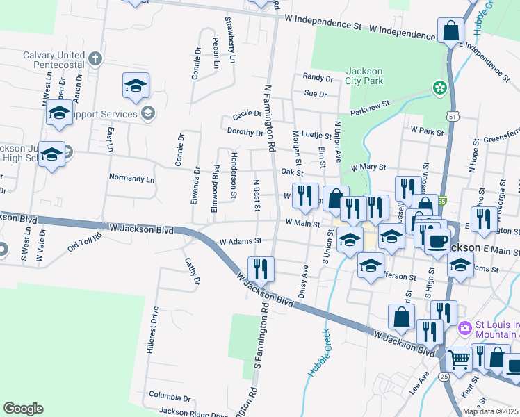map of restaurants, bars, coffee shops, grocery stores, and more near 120 North Bast Street in Jackson